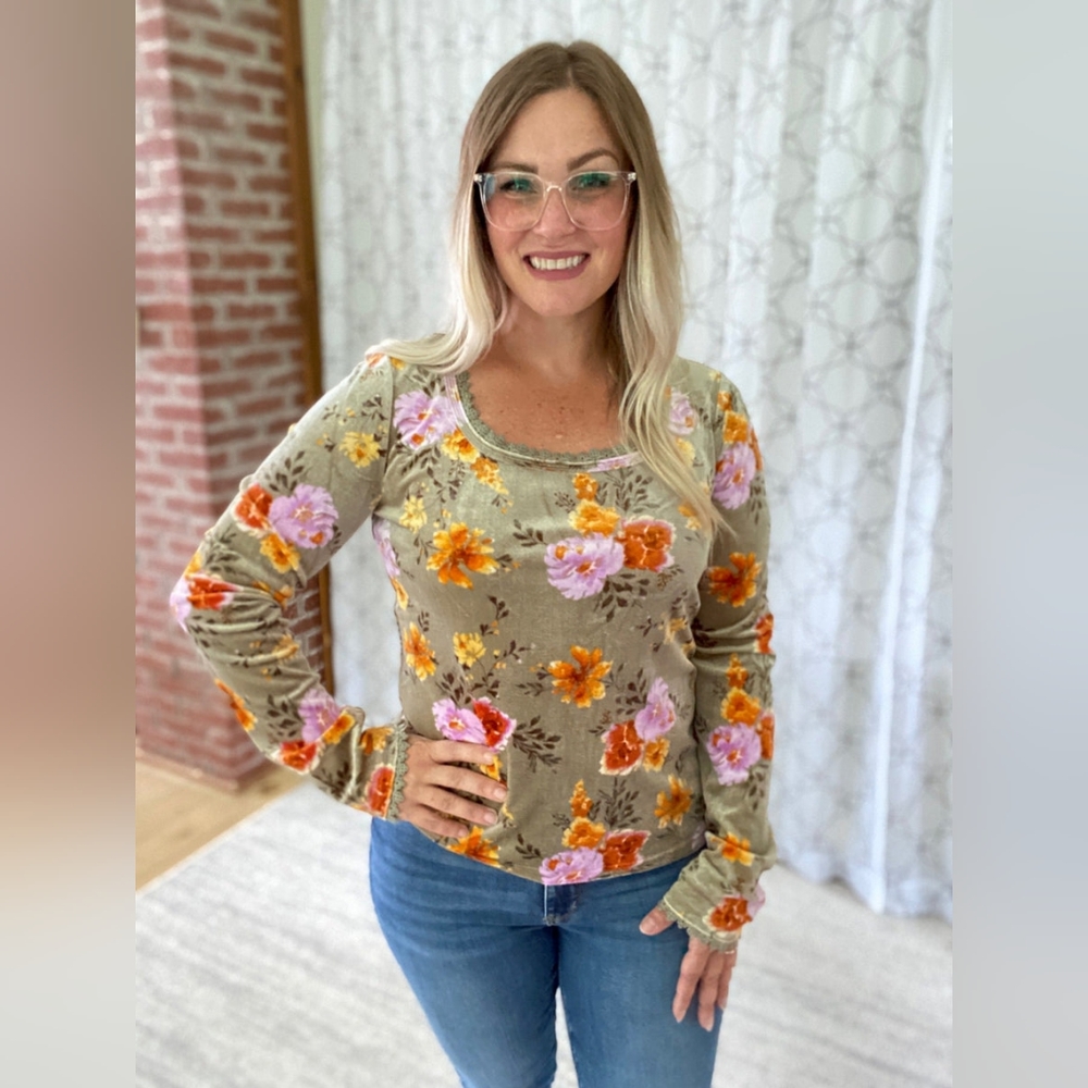 White Birch Simply Enchanted Faux Velvet Olive Floral Top With Bell Sleeves 1XL
